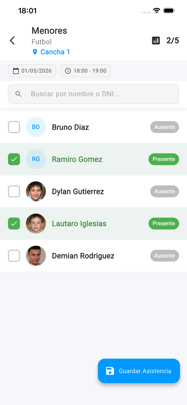 App de Entrenadores — toma de asistencia