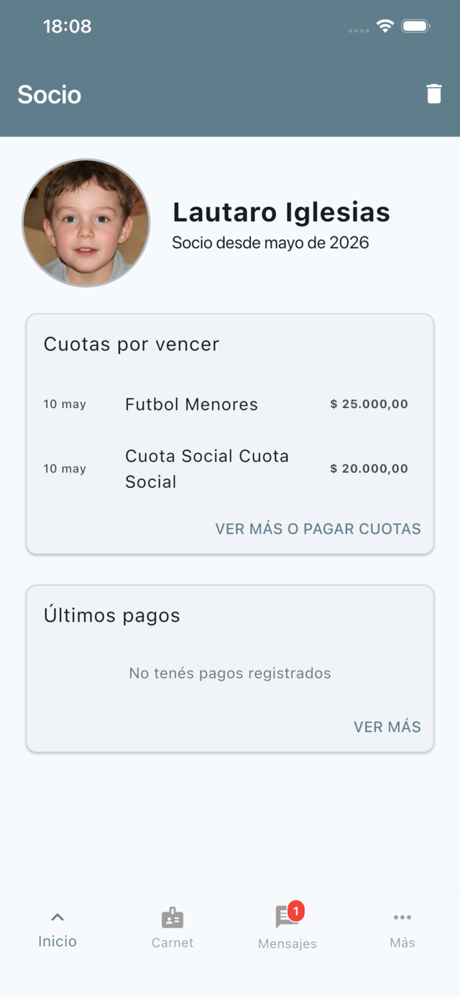 App de Socios — pantalla de inicio